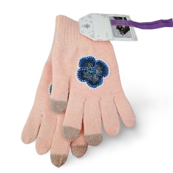 Lt. Pink Floral Embroidered Touchscreen Crystal & Pearl Knit Gloves TT1519 - Picture 2 of 4